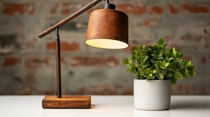 A creatively designed desk lamp paired with a potted green plant, placed against a rustic brick wall, blending contemporary style with natural elements for a chic look.