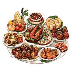 Fototapeta premium A colorful array of various appetizers, including seafood, cheeses, and other delicacies, presented on a large platter.