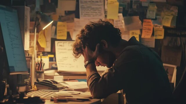 A young professional at a desk, head in hands, overwhelmed by work, with a cluttered workspace and dim lighting emphasizing tension.