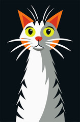 Minimalism in a childish style: a cat with a funny face on a dark background for decorating children’s spaces.
