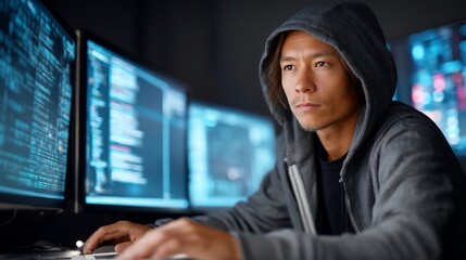 Focused programmer coding late at night, surrounded by computer screens displaying lines of code