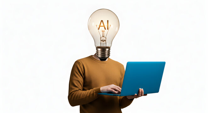 Man with lightbulb head holding a blue laptop with ai written on the bulb on a white background . linear icon collection. editable stroke icons. vector illustration 