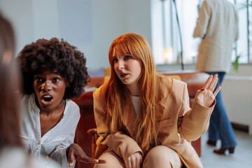 Businesswomen gossiping about a colleague in cafeteria