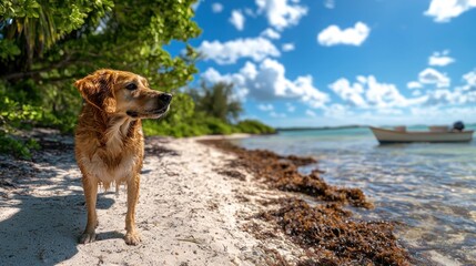 Golden Retriever on Tropical Beach, Boat in Background