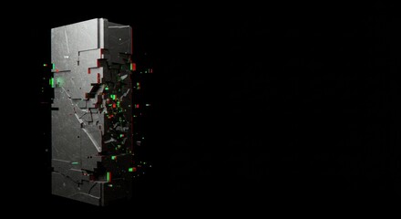 Digital Fragmentation: A 3D Render of a Crumbling Metallic Monolith Against a Black Background