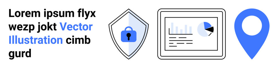 Shield with a lock for cybersecurity, analytics dashboard with data visualization pie chart, and a location pin. Ideal for technology, analysis, safety, encryption, navigation, privacy flat landing