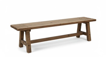 Handcrafted wooden bench made of weathered planks with visible grain, knots, and subtle discoloration