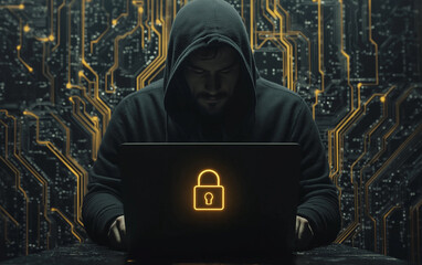 Cybersecurity threat visual with hacker, padlock icon, and binary hacking code.