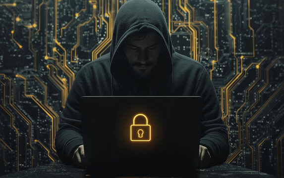 Cybersecurity threat visual with hacker, padlock icon, and binary hacking code.
