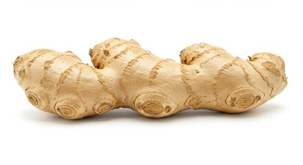 Knobby irregularly shaped ginger root with a pale yellow-brown skin dotted with darker brown nodes and small protrusions