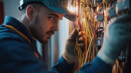 Fototapeta premium Electrician working on wiring inside a building. Featuring technical skill and attention to detail