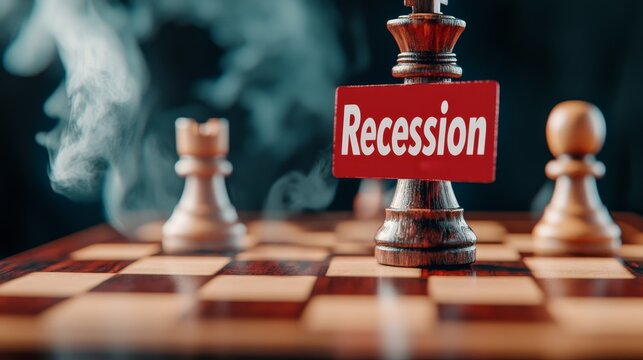 Challenging economic times depicted as chess pieces and a recession sign on a wooden chessboard