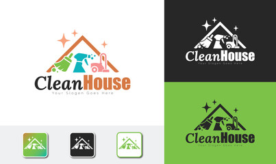 CleanHouse Logo Design with Cleaning Tools and Details, Logo Design vector template for Branding