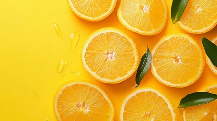 Obraz premium Fresh juicy orange slices on yellow background vibrant citrus fruit summer food ripe diet color vegan