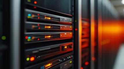Obraz premium Data center with illuminated servers showcasing storage technology and modern computing infrastructure at work