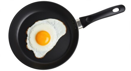 Fried egg with a bright yellow yolk in a black frying pan
