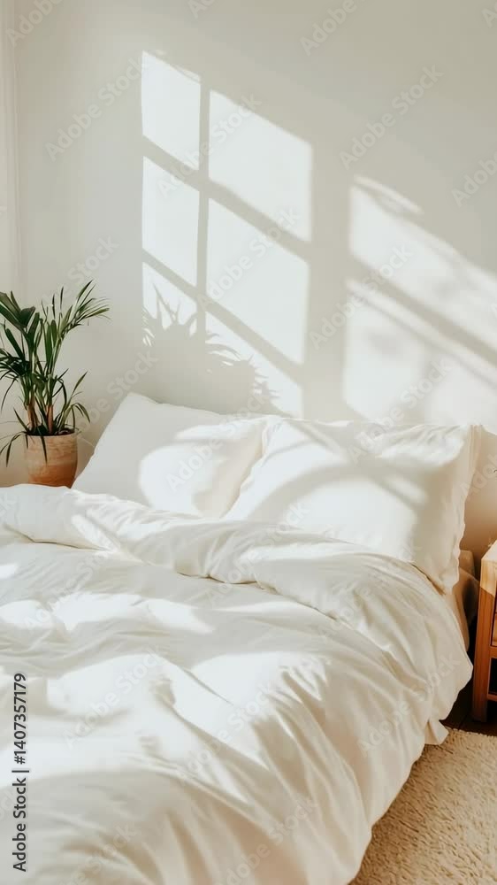 Poster soft natural sunlight filtering through window, casting gentle shadows across rumpled white linens o
