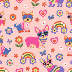 seamless pattern with  groovy Dog, rainbow, flowers