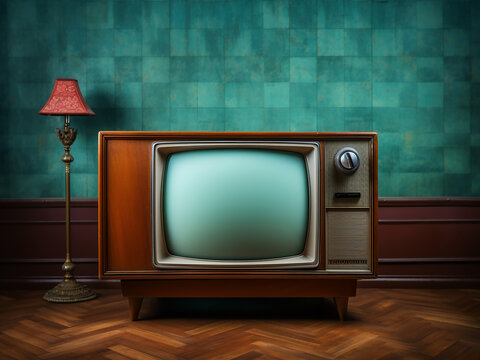 Retro television set with a screen framing and knobs arranged symmetrically, capturing the era