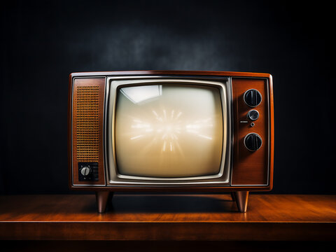 Retro television set with carefully framed screen and symmetrically arranged knobs