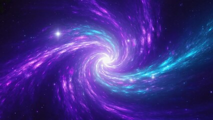 A spiral galaxy with purple and blue swirls and stars. The galaxy is full of stars and has a bright light at the center
