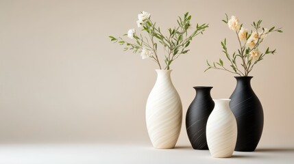 An artistic display of three contemporary vases with textured designs and greenery captures a stylish essence, perfect for adding a modern flair to any interior space.