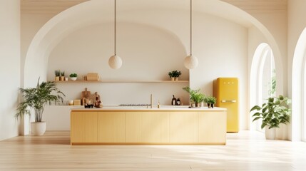 Modern yellow kitchen island, arched windows, sunlight. Interior design inspiration