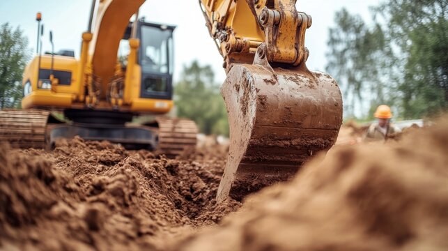 Excavator operator digging a trench for utility lines at a construction site. Featuring skill and focus