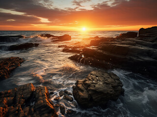Obraz premium Sunset colors reflecting on tide pools as waves crash on the rocky coast
