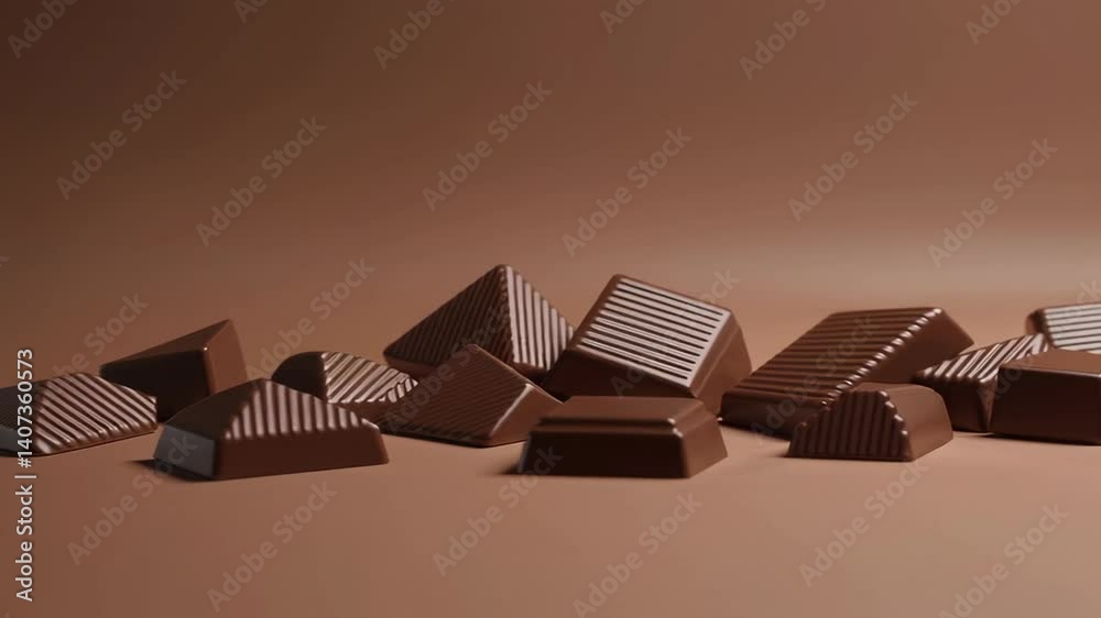 Aufkleber Various chocolate pieces are sliding smoothly on a brown background, creating a visually appealing arrangement against a minimalist backdrop