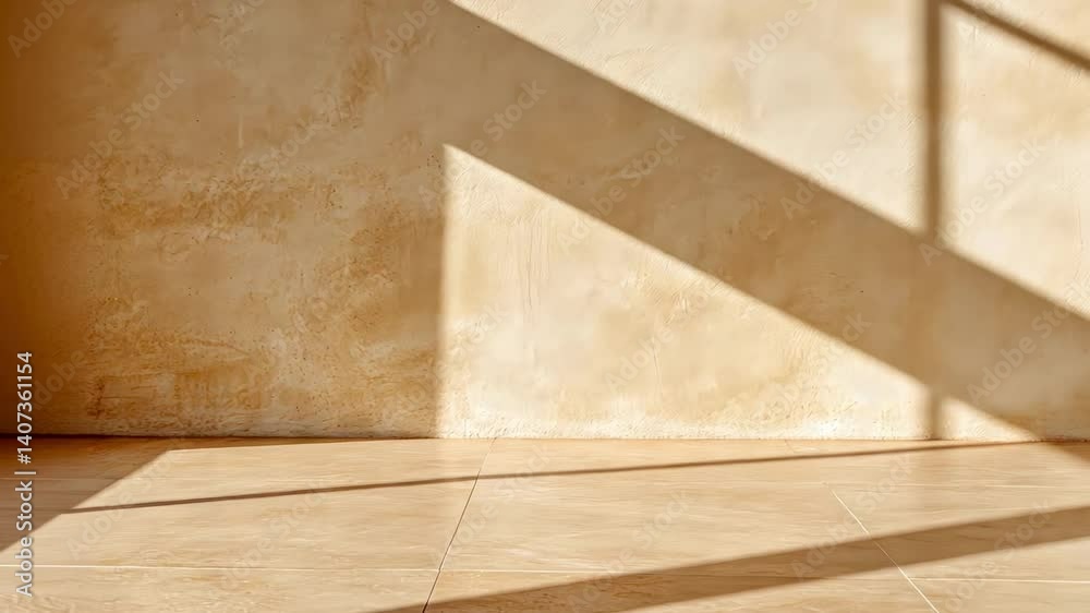 Poster Sunlight streams through a window, casting dynamic shadows on the wall and tiled floor of an empty room, creating a tranquil and inviting atmosphere