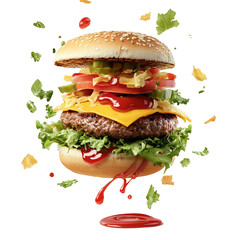 Beef burger with cheese, tomatoes, red onions, cucumber and lettuce on black slate over dark background. Unhealthy food