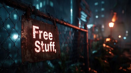 Rusty fence sign offering free stuff in a rainy urban night
