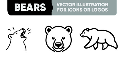 Simple Bear Outline Icons - Minimal Linear Vector Set for Logos, Apps, and Prints (Black & White Silhouette)