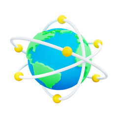 3D cartoon stylized globe with orbital paths and yellow spheres resembling atomic orbits surrounding the Earth. Concept of communication, science, technology, global networking. Vector illustration.