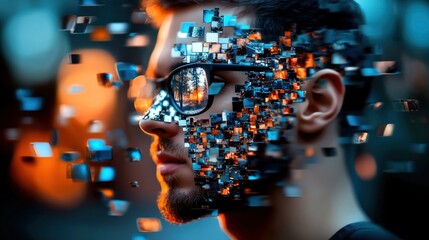 Man's face with digital pieces, city lights background.  Possible use AI technology, data visualization