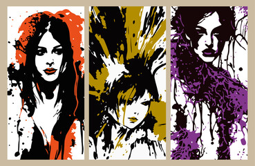 ПечатьA set of creative abstract female portraits. Smears and splashes of paint. For postcards, tee print, wallart, poster, cover, packaging, web, social media story design, cosmetics, beauty salon.