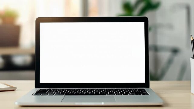 Modern workspace showing laptop computer with blank white screen on wooden desk in blurry office background with copy space for text or design
