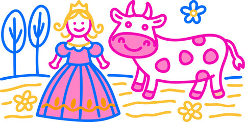 Obraz premium Transparent child icon for a mobile game featuring a princess and a cow 