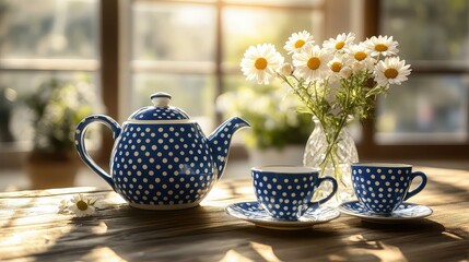 cups blue white polka dot