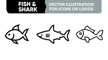 Marine Life Vector Icons - Minimal Line Art Fish & Shark Set for Aquariums, Fishing & Sea Conservation