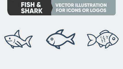 Underwater Silhouette Icons - Simple Fish & Shark Vector Pack for Aquatic Sports & Scuba Diving Logos