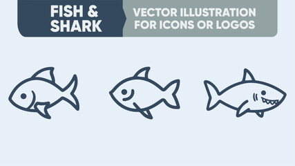 Fish and Shark Outline Icons - Clean Marine Vector Collection for Aquatic Logos, Apps & Prints
