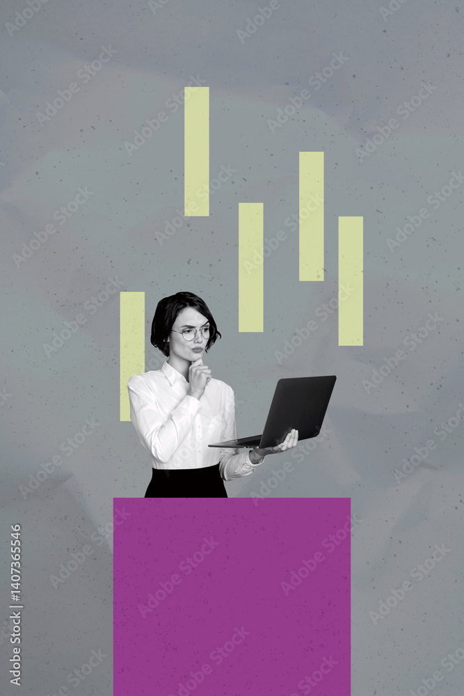 Aufkleber surreal mockup collage of person stand geometry square with air columns over grey background