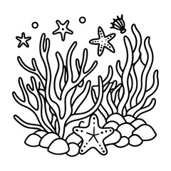 Outline of Coral Reef with Starfish and Seaweed, Underwater Marine Life Vector