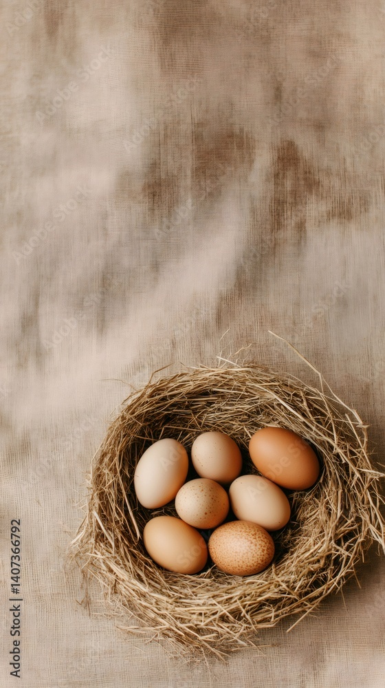 Poster six fresh organic chicken eggs resting in a cozy hay nest on a rustic burlap background evoke the es