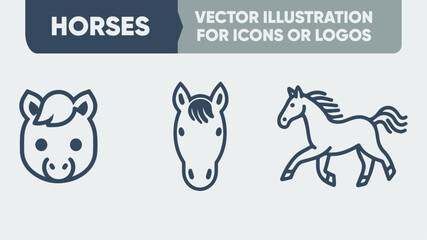 Minimalist Horse Line Icons - Elegant Animal Vector Set for Equestrian Logo Design & Branding