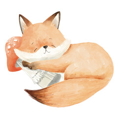 Hand-painted watercolor fox in the forest elements. Cute woodland animal illustration for kids, cards, and decoration.