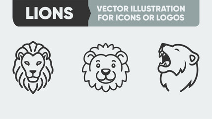 Black & White Lion Icons - Minimalist Wildlife Vector for Logos, Men's Fashion & Strength Symbols