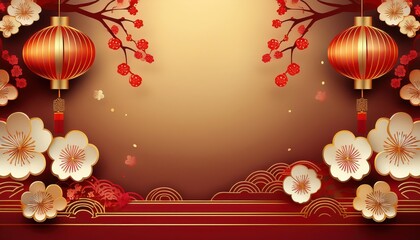 Lunar New Year Backdrop Vibrant Cherry Blossoms and Radiant Gold Embellish a Majestic Scene, Echoing Celebration and Renewal.